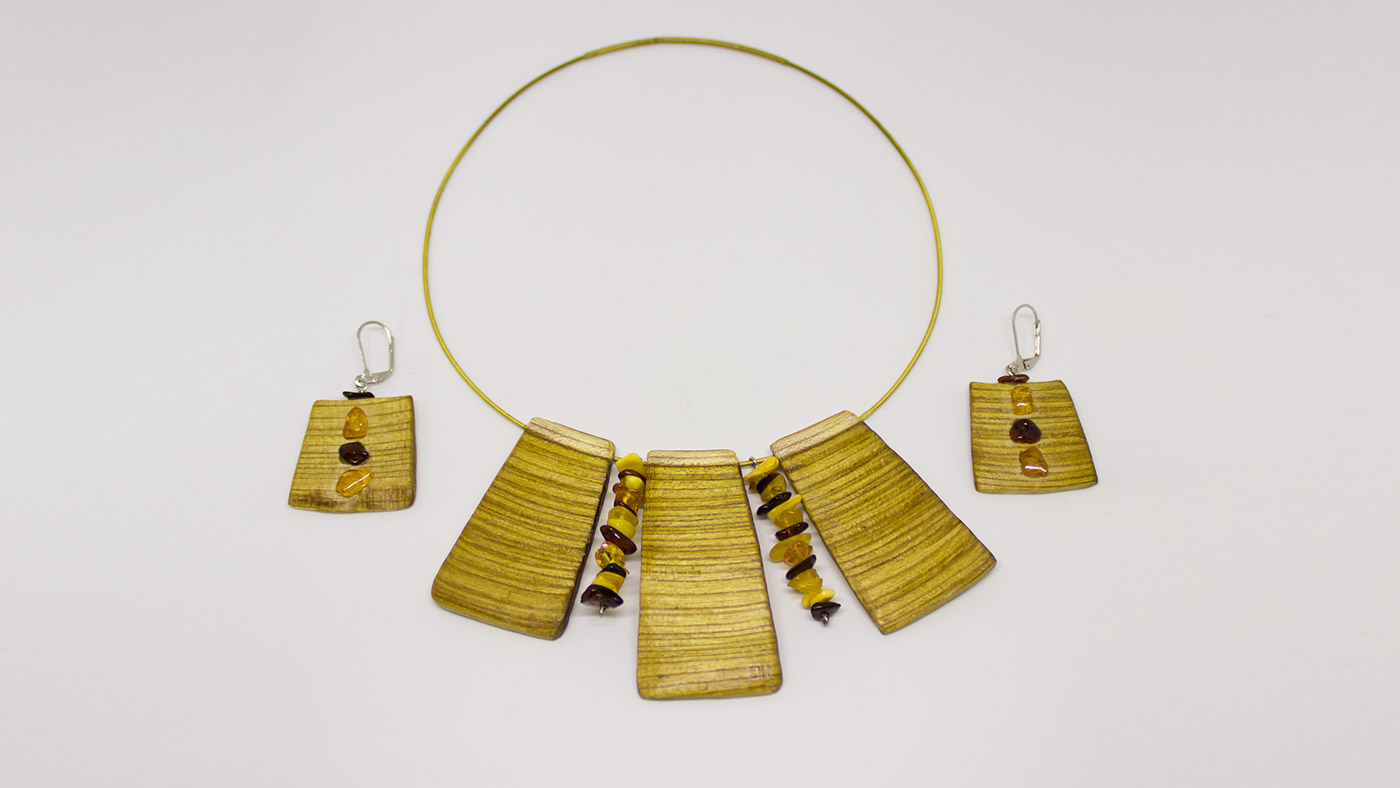 Anhänger, Ohrringe Goldregen und Bernstein